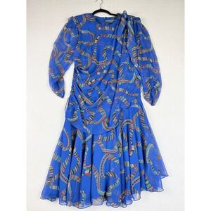 Siasia Dress Womens 10 Blue Geometric Vintage 80s Chiffon Party Statement Bold